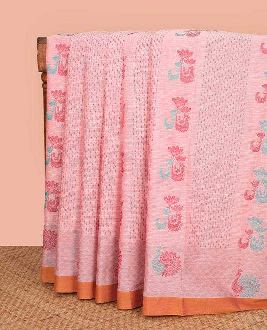 Pink Coimbatore Cotton Saree, Adorned with Buttas All Over Its Body, Complemented by a Contrast Border, Pallu Pictures Peacock Designs, and Paired with a Matching Blouse