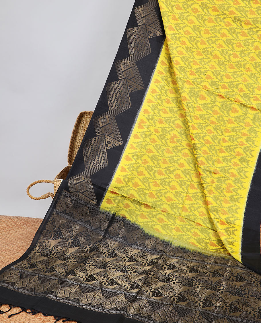 Yellow ikkat style floral vine design soft silk saree with contrast zari border & geometric zari design pallu