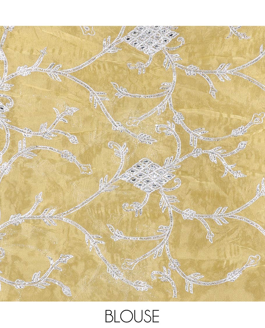 Pale Yellow Designer Saree, Richly Detailed with Floral-Jaal Style Mixed Embroidery on Its Body, Highlighted by Jaal-Patterned Scallop Embroidered Border, Self-Design Pallu, and Paired with a Heavy Embroidered Matching Blouse
