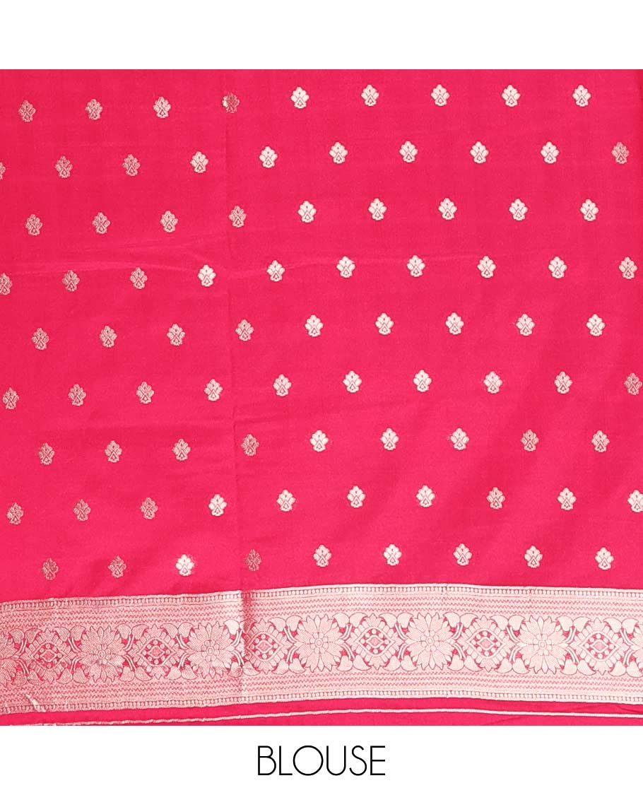 Borderless pink traditional zari motifs steeped elite soft silk saree, floral jaal pallu, and matching zari buttas woven blouse
