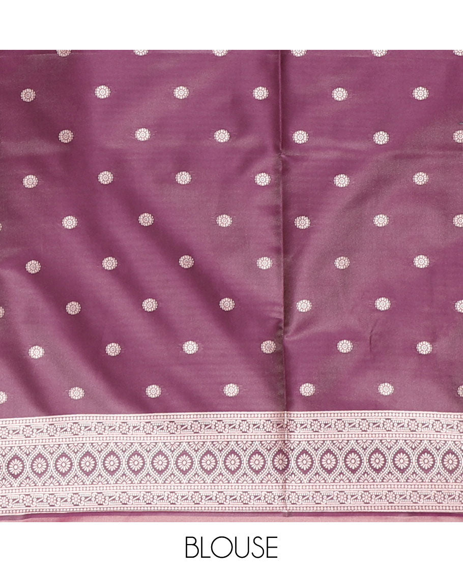 Wine small zari buttas woven elite soft silk saree, contrast zari woven scallop satin border, jaal pallu, and a contrast chakram zari motifs blouse