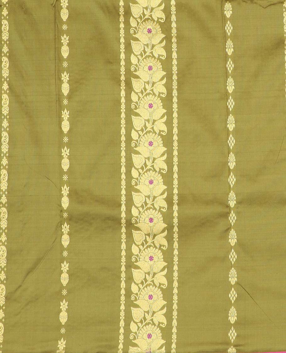 Green floral buttas pure silk half saree with contrast zari border,  contrast zari design blouse & plain with zari border dhavani