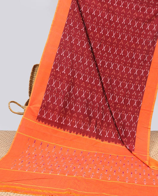 Maroon geometric ikkat cotton saree with contrast plain border & striped, floral design pallu