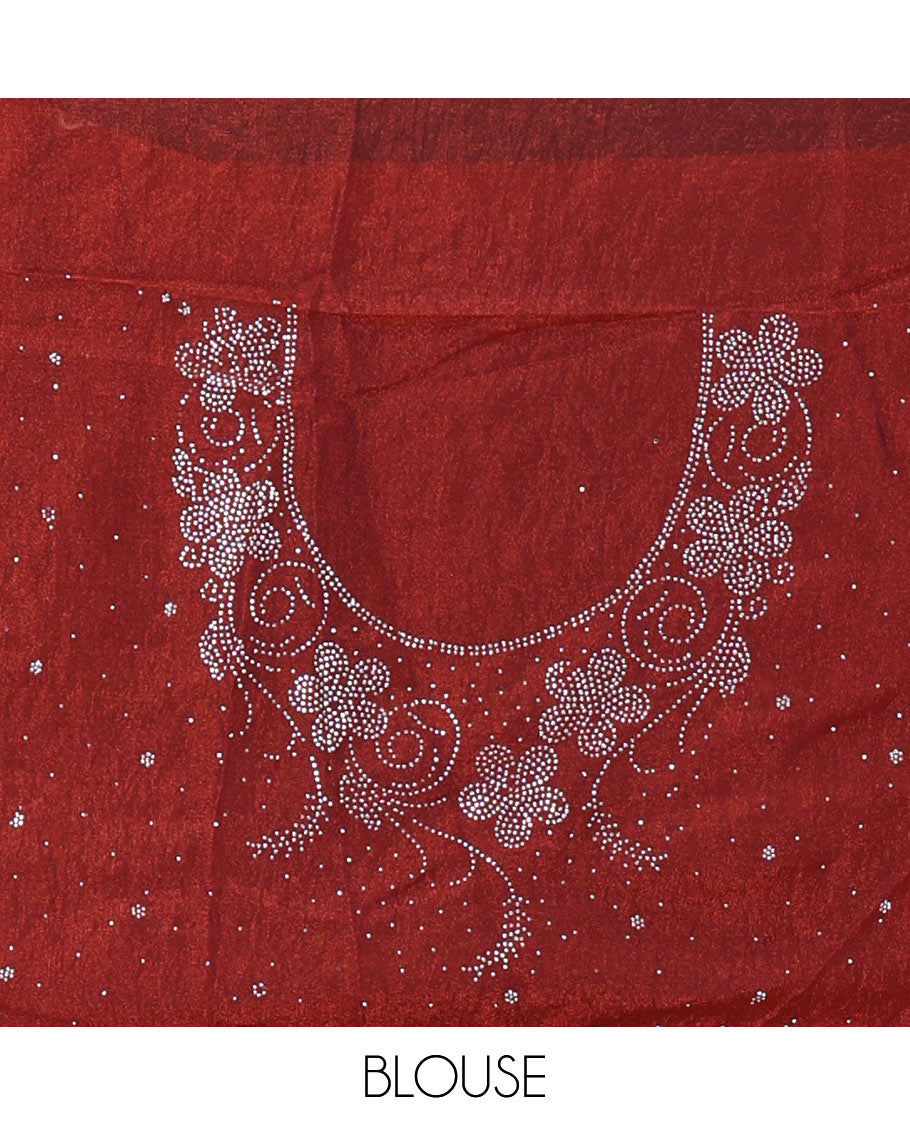 Rust color horizontally swarovski stone striped fendi chiffon saree, swarovski stone work border, and a plain blouse