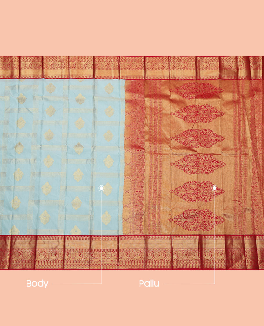 Light Blue Budget Silk Saree, Sparsely Woven with Buttas and Stripes, Complemented by Contrast Traditional Zari Border, Grand Pallu and a Contrast Blouse