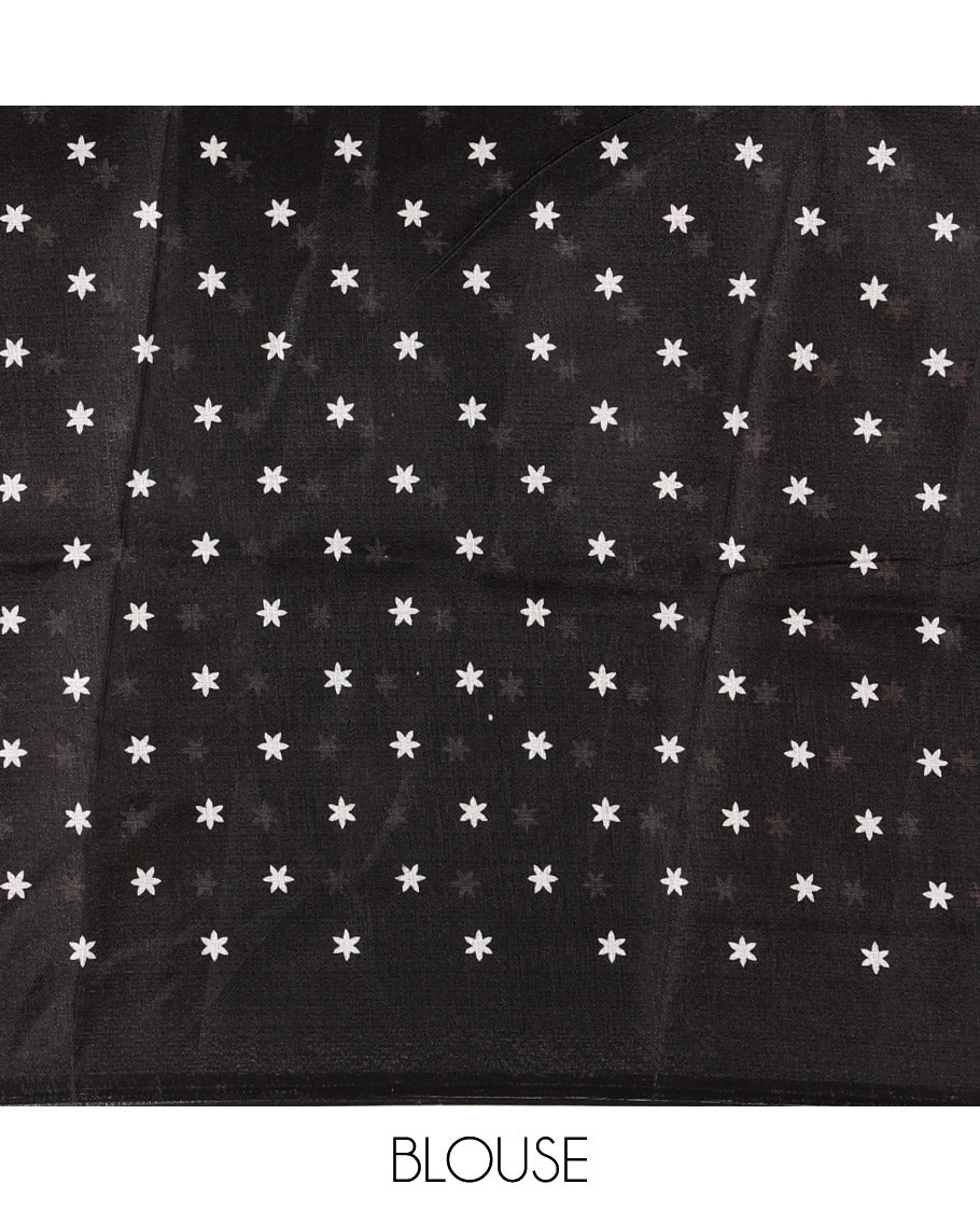 White geometric patterned khadi cotton saree, contrast black plain border & intricately printed pallu