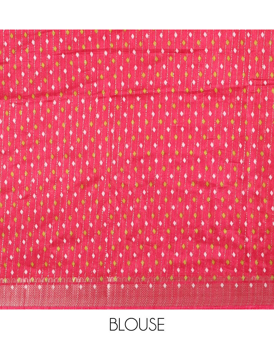 Pink zari striped & sunflower motifs printed dola silk saree, traditional zari border, ikkat printed pallu & printed blouse