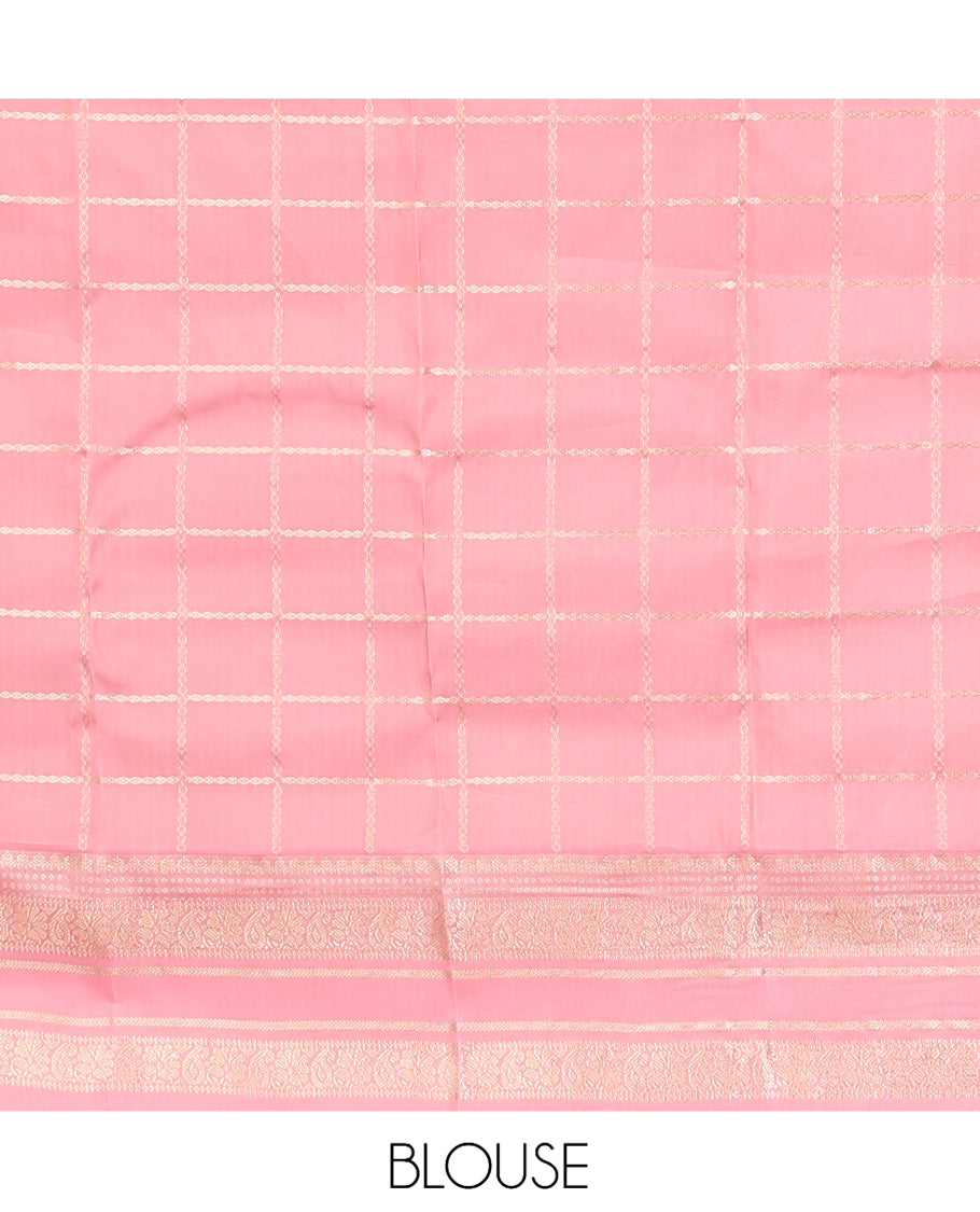 Blue Vasundhara Lite Silk Mix Saree, Embellished with Zari Checks, a Contrast Border of Thilakam, and Chakram Designs, Jaal Pallu, and a Contrast Blouse