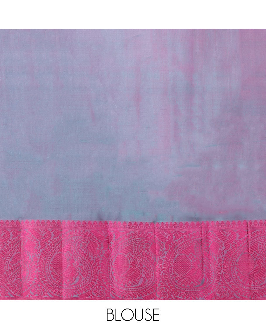 Pink buttas kancheepuram silk saree with contrast intricate zari border & floral, argyle design pallu