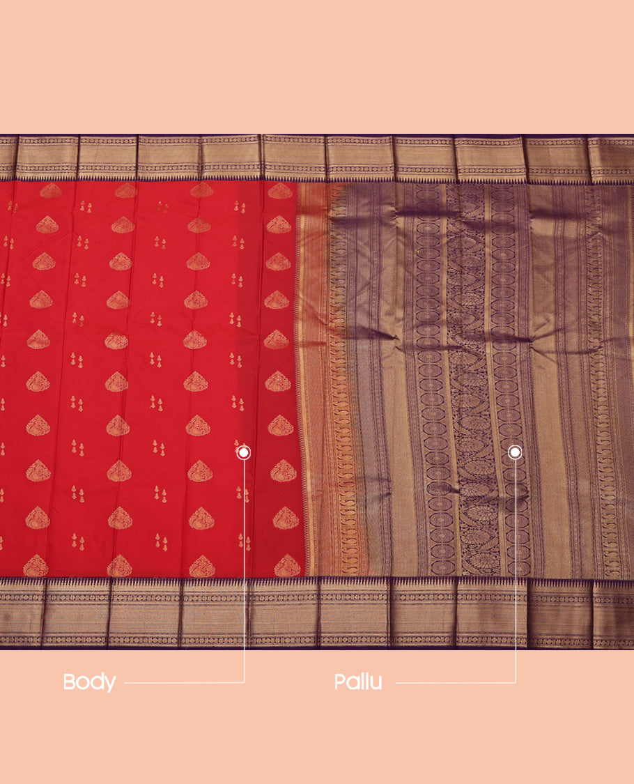 Red Budget Silk Saree, Detailed with Zari Buttas All Over Its Body, Complemented by a Contrast Traditional Zari Border, Grand Traditional Zari Design Pallu, and Paired with a Contrast Blouse