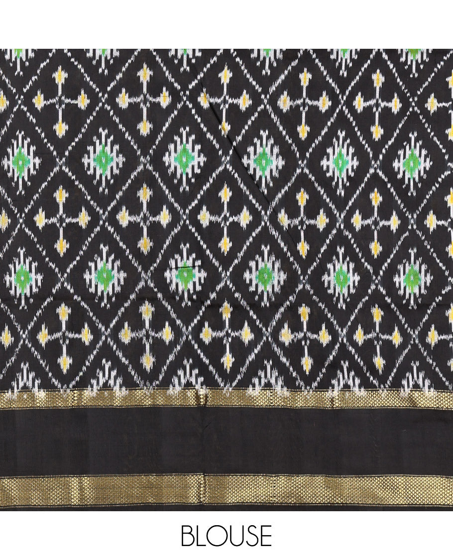 Black-White Micro-Checked Pochampally Ikat Silk Saree, Complemented by a Contrast Zari Cuckoo Bird-Eye Border, Ikat Jaal Pallu, and a Contrast Blouse