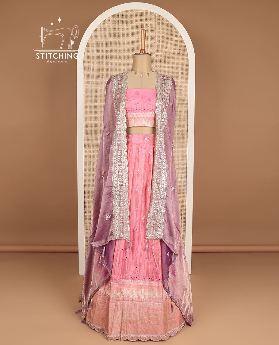 Pink floral embroidery, mirror work half saree with zari design blouse & floral embroidery dhavani