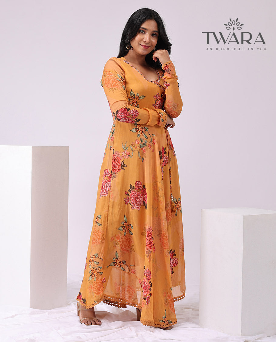Twara orange floral design v neck, full sleeve, full lenght dress with floral design dupatta