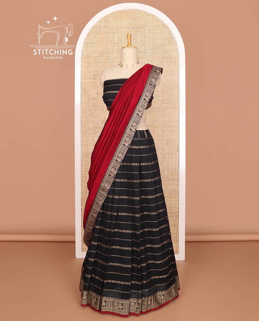 Black with maroon mercerised cotton daman resham border half saree with mercerised cotton blouse & skya georgette one side resam border work