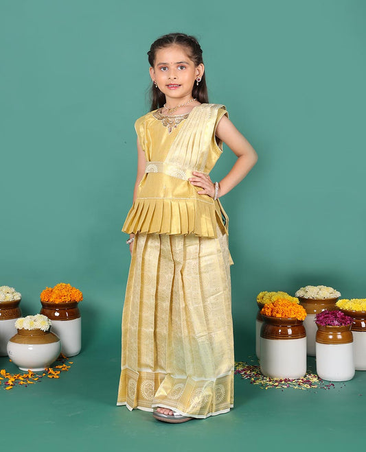 Cream art silk pavadai readymade set,  golden zari chakram jacquard with traditional zari border skirt, embroidered sleeveless blouse, and detachable dupatta