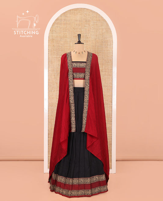 Black-Red Mercerised Cotton Half-Saree Features Plain with Contrast Rettai Pettu Elephant-Chakram Bordered Skirt, Paired with a Matching Blouse, and Comes with a Contrast Elephant-Chakram-Bordered Dhavani