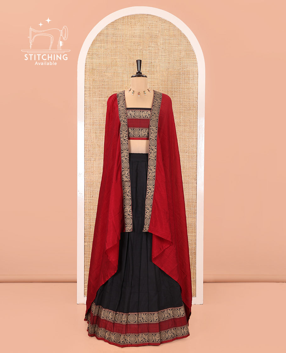 Black-Red Mercerised Cotton Half-Saree Features Plain with Contrast Rettai Pettu Elephant-Chakram Bordered Skirt, Paired with a Matching Blouse, and Comes with a Contrast Elephant-Chakram-Bordered Dhavani