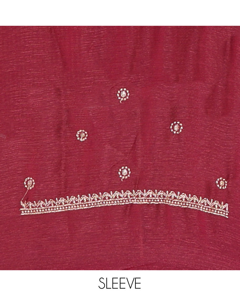 Wine Half-Saree Set, Majestically Detailed with Stone Work and Bird Motifs Embroidery on Its Satin Georgette Skirt, Highlighted by Embroidered Border, Paired with a Matching Blouse, and Comes with a Contrast Scallop Stone Work Dupatta