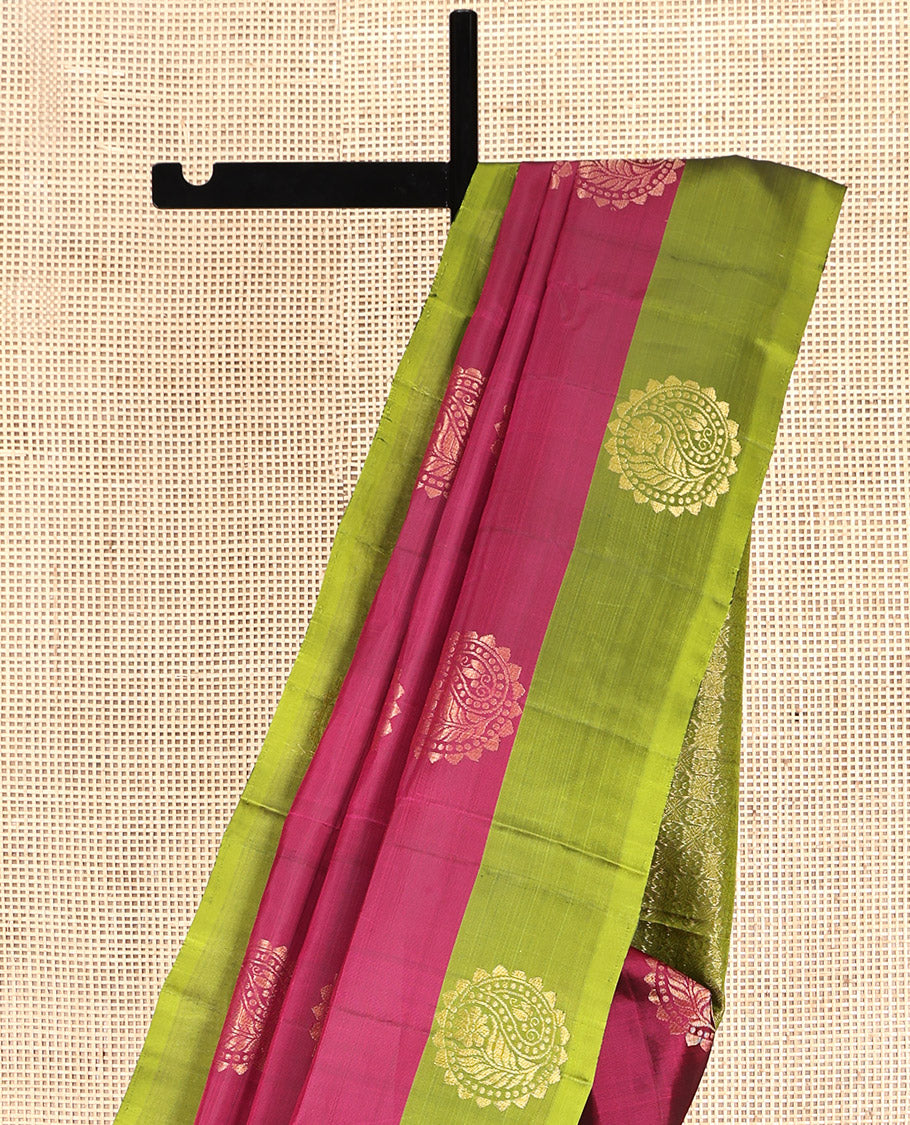 Red Mayuri Lite Silk Mix Saree, Elevated with Zari Buttas Complemented by Contrast Border, Grand Jaal Pallu and a Contrast Blouse