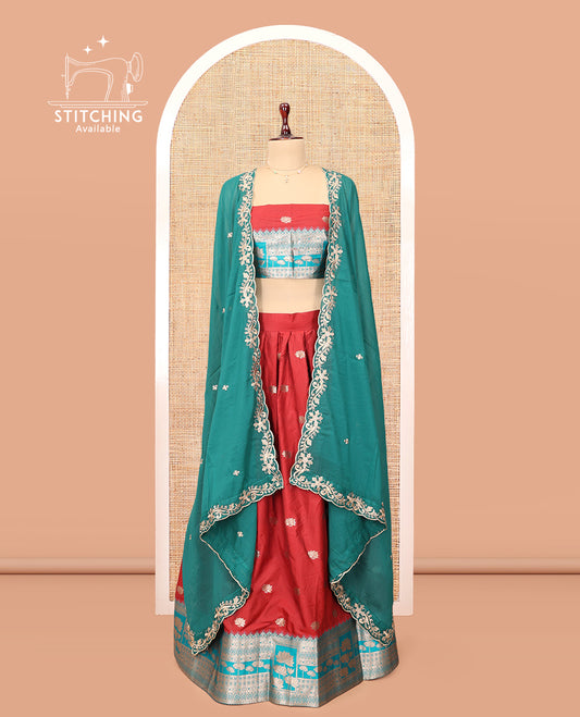 Rust Banarasi Half-Saree, Adorned with Zari Buttas Skirt, a Contrast Traditional Border, Matching Embroidered Blouse, and Contrast Scallop Embroidered Dupatta