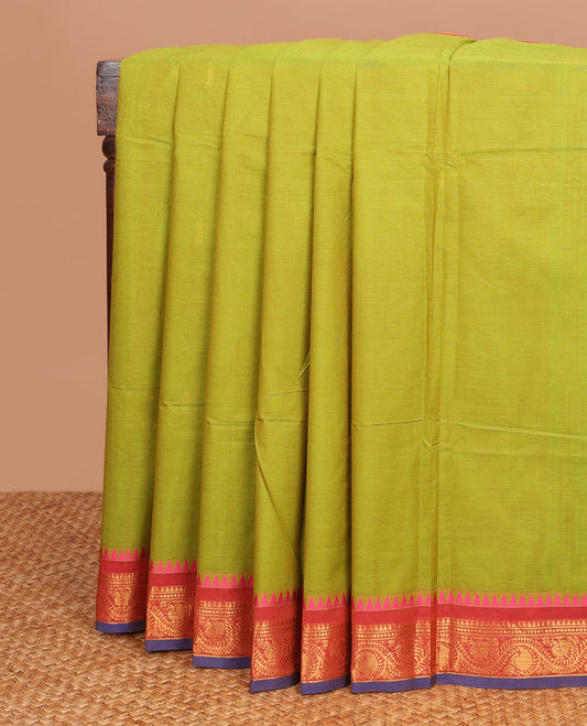 Green buttas Chettinad cotton saree, contrast traditional zari design temple border & pallu of stripes & buttas