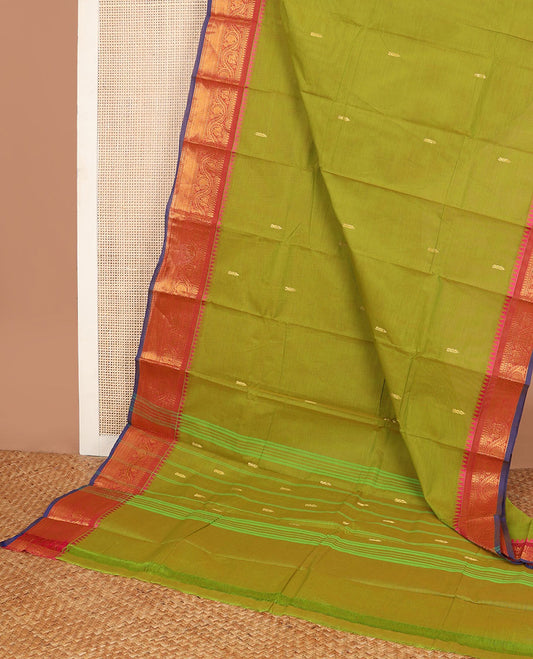 Green buttas Chettinad cotton saree, contrast traditional zari design temple border & pallu of stripes & buttas