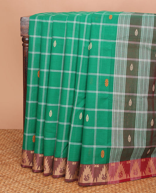 Green checked & buttas Andhra cotton saree, contrast traditional zari motif border & checked pallu of buttas