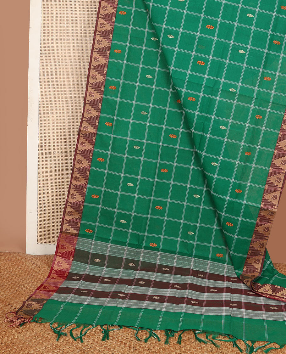 Green checked & buttas Andhra cotton saree, contrast traditional zari motif border & checked pallu of buttas