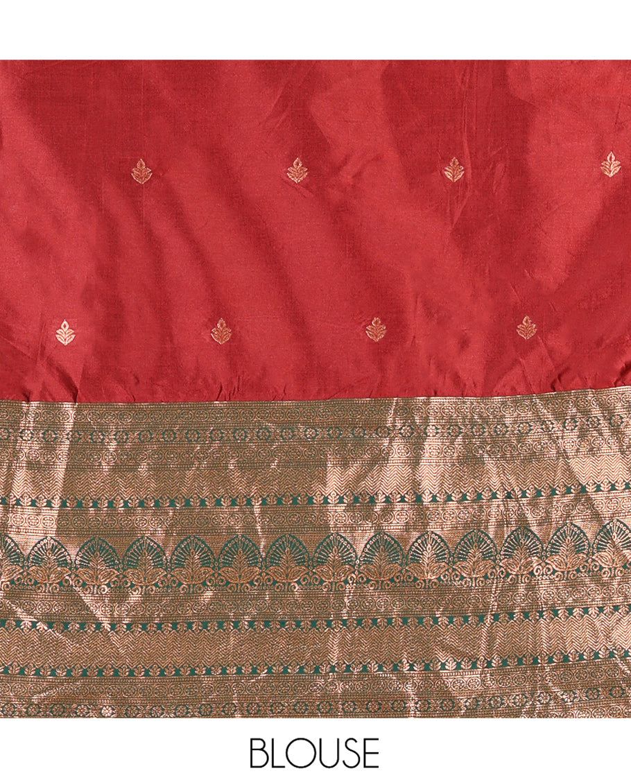 Maroon Semi-Banarasi Half-Saree Featuring Buttas Skirt, Contrast Traditional Border, Matching Blouse, Satin Georgette Dhavani