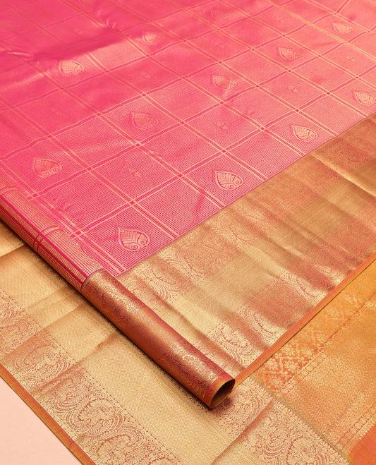 Pink Vasundhara Lite Silk Mix Saree, Elevated with Jacquard Design, a Contrast Border of Thilakam, Rudraksham, Kuyil Kann, and Kodi Visiry Designs, Jaal Pallu, and a Contrast Blouse
