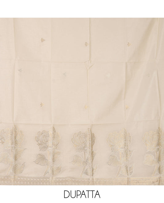 Kerala cream chudidar material set, zari buttas woven taffeta silk top, plain cream santoon bottom & floral zari woven dupatta