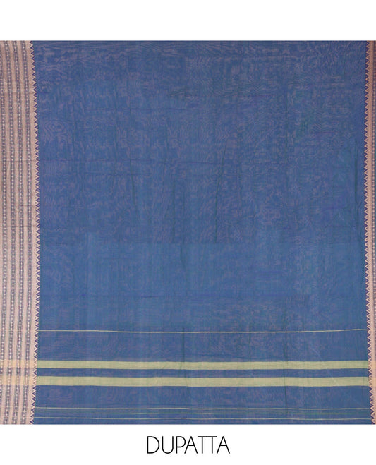 Blue Mercerised Cotton Material Churidar Set, Subtly Made Plain with Traditional Bordered Top, a Mercerised Cotton Bottom, and Paired with a Mercerised Cotton Traditional Bordered Dupatta