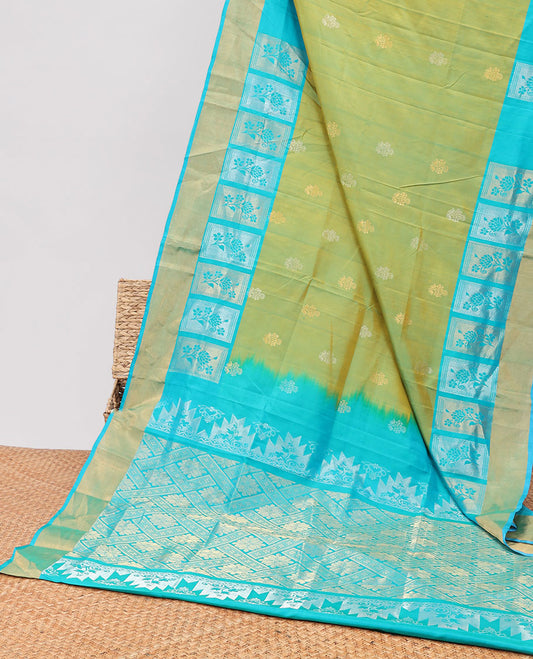 Green floral design uppada silk saree with contrast zari border & floral enclosed with checked design pallu
