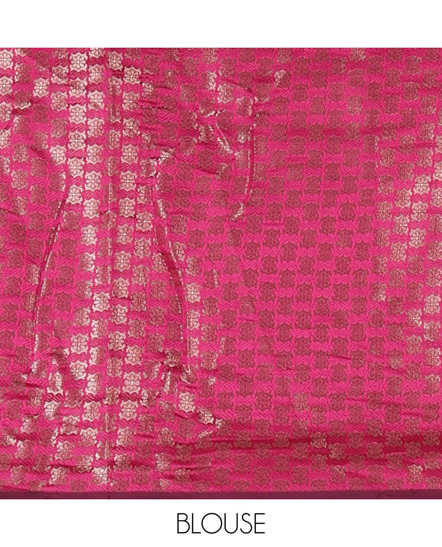 Cream-purple semi-banaras half-saree, zari buttas & contrast traditional zari border skirt, jacquard blouse & intricately zari woven dhavani