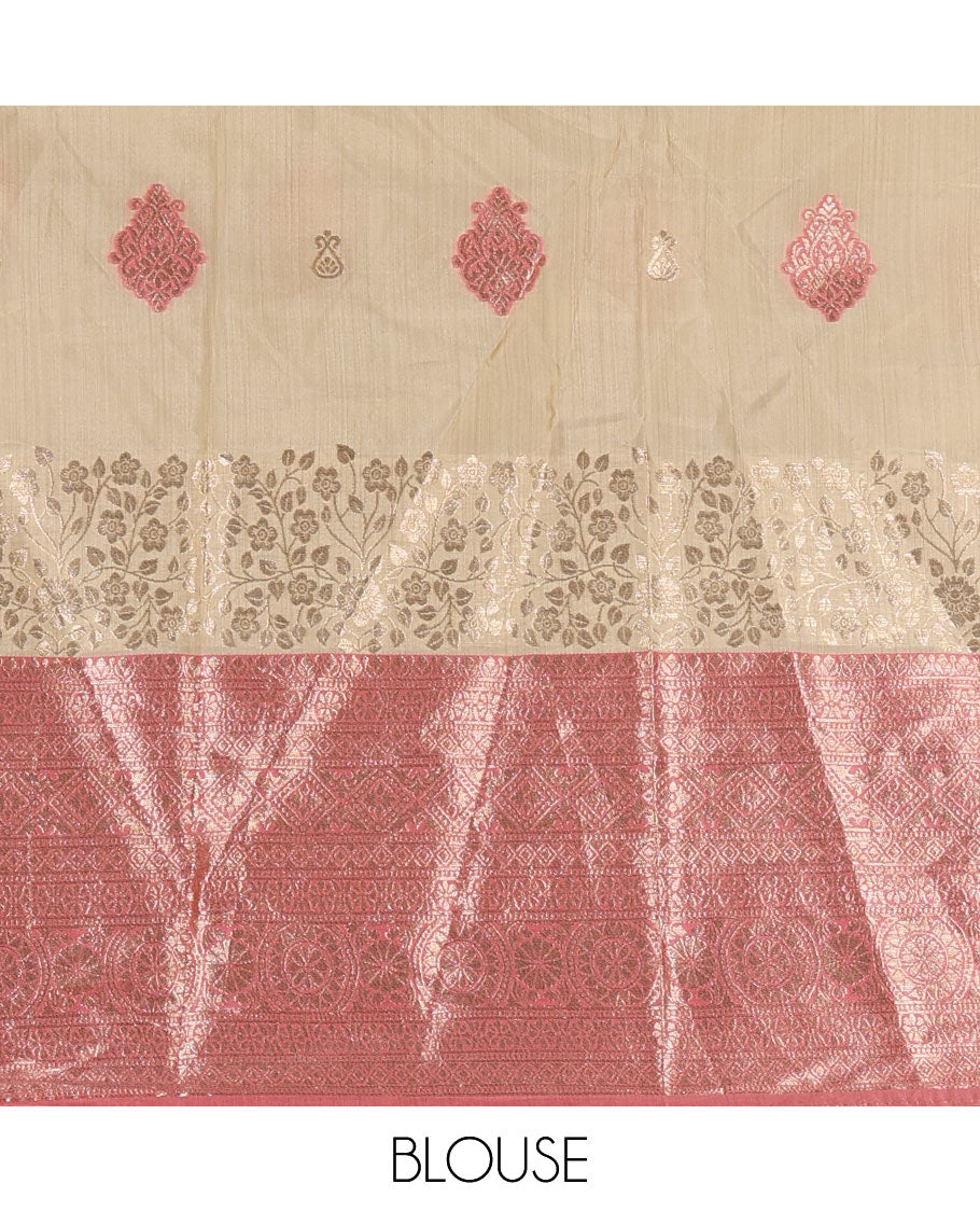 Cream taffeta silk half saree, meena buttas skirt, contrast pink traditional zari border, matching blouse, and zari woven dhavani