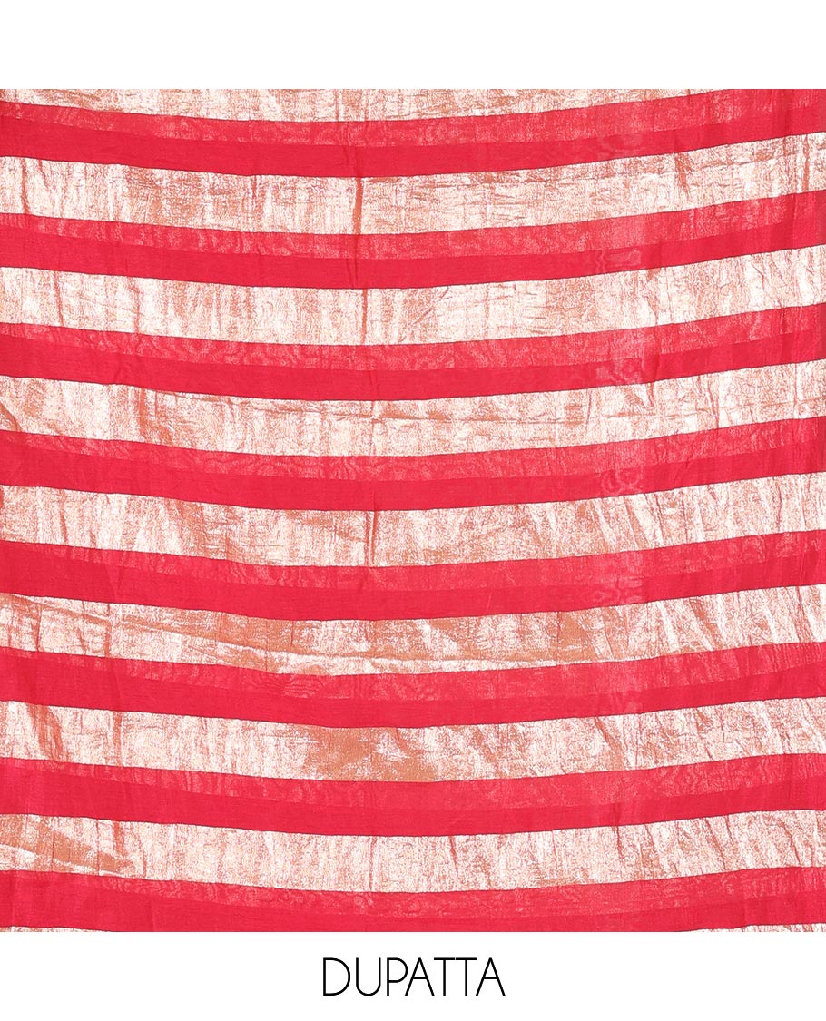 Pink material chudidar set, plain with pom-pom tasseled mul chanderi top, a matching bottom, and organza dupatta of stripes