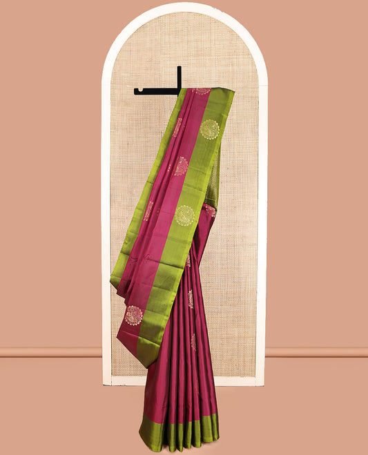 Red Mayuri Lite Silk Mix Saree, Elevated with Zari Buttas Complemented by Contrast Border, Grand Jaal Pallu and a Contrast Blouse