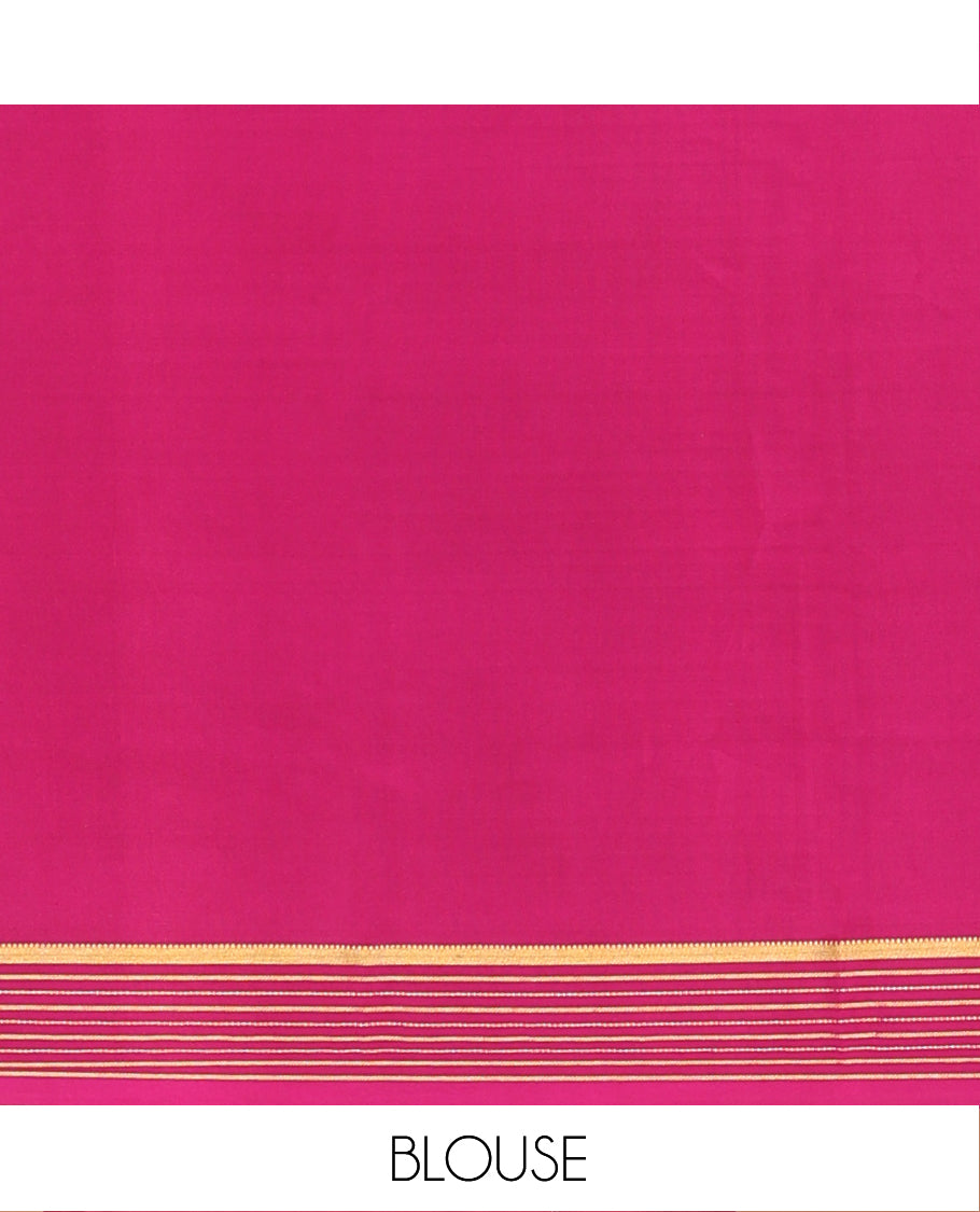 Green Plain Mysore Silk Saree, Complemented by Captivating Contrast Zari Striped Border, Pallu of Vibrant Zari Stripes and Paired with a Contrast Blouse