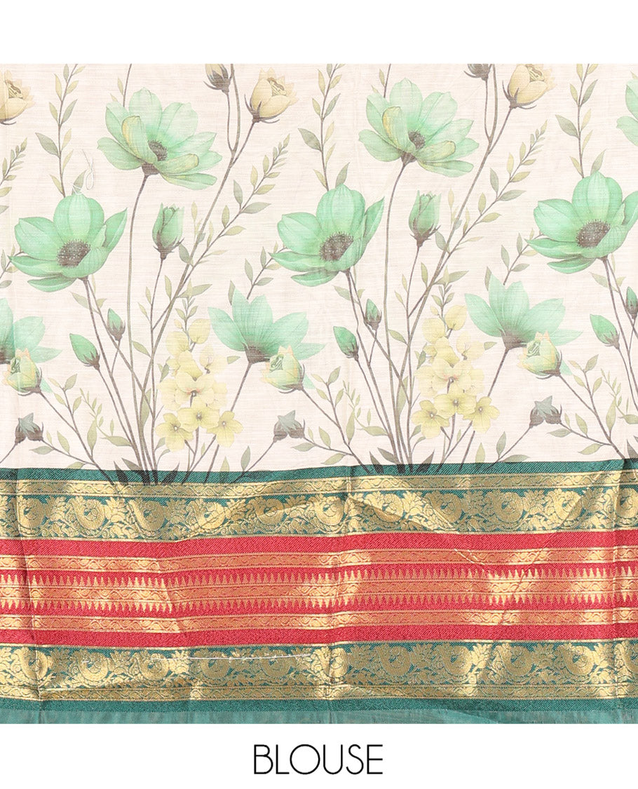 Cream-Green Semi-Silk Half-Saree Features Floral-Printed Skirt, a Contrast Traditional Border, a Matching Blouse, a Floral Dhavani