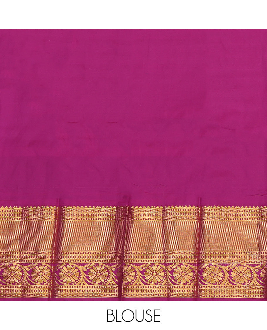 Green Budget Silk Saree, Ornamented with Zari Buttas and Checks, a Contrast Floral Creeper Zari Border, Jaal Pallu, and a Contrast Blouse
