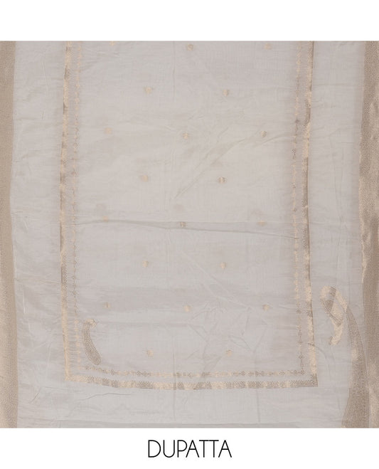 Kerala cream material chudidar set, embossed with gold zari woven mul chanderi top, santoon bottom, and zari woven mul chanderi dupatta