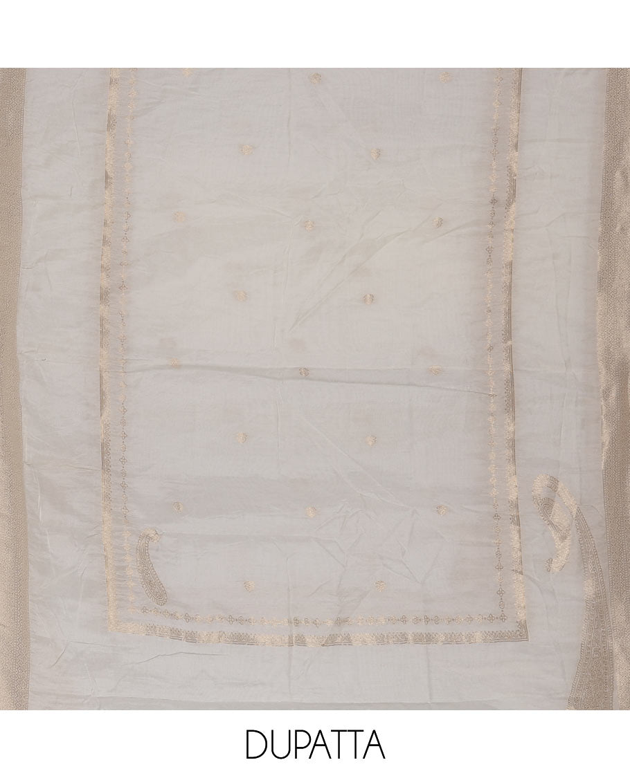 Kerala cream material chudidar set, embossed with gold zari woven mul chanderi top, santoon bottom, and zari woven mul chanderi dupatta