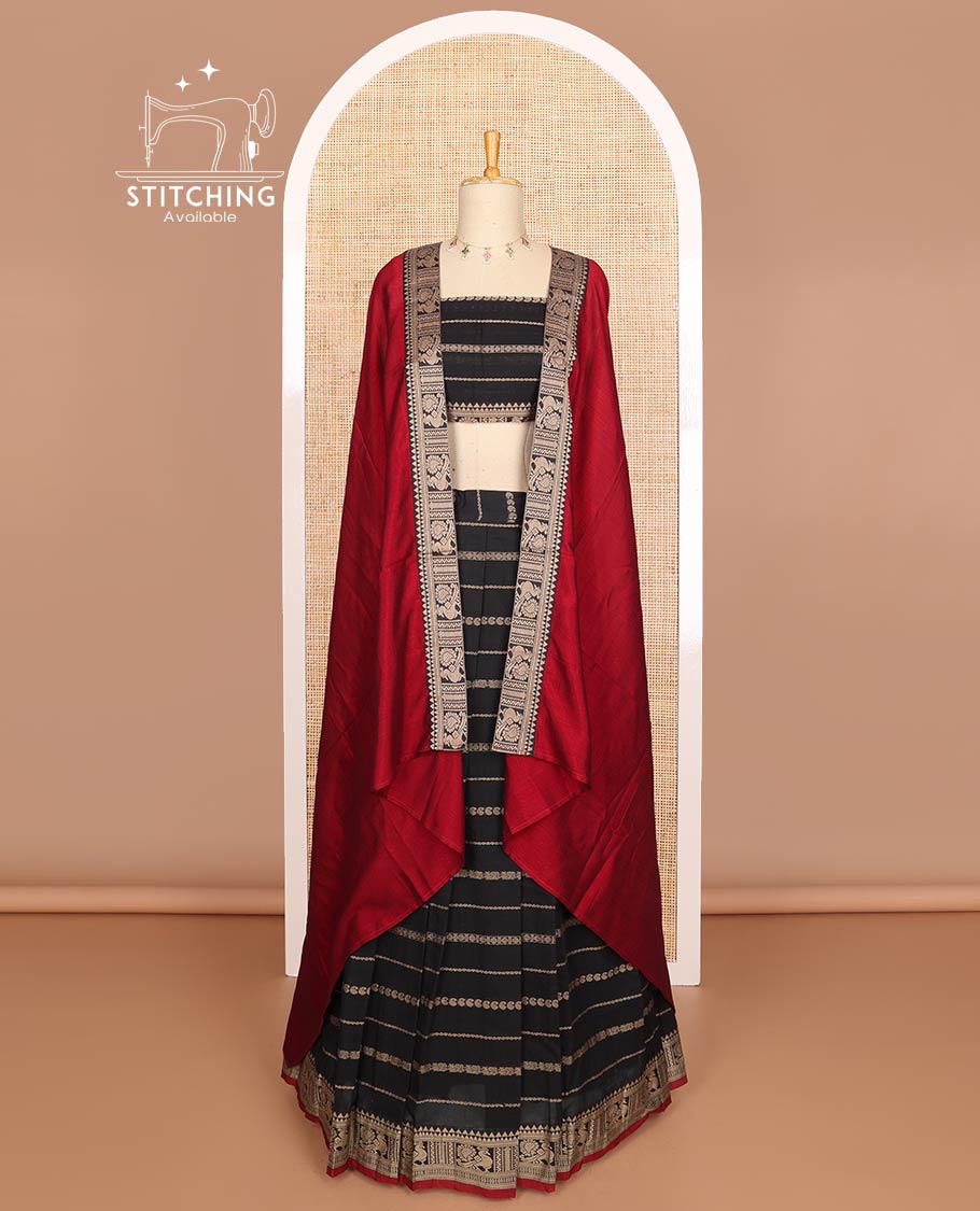 Black with maroon mercerised cotton daman resham border half saree with mercerised cotton blouse & skya georgette one side resam border work
