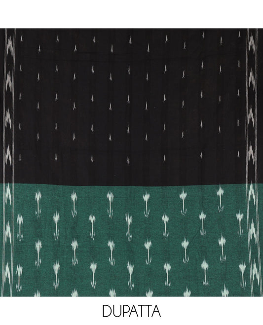 Green material chudidar set, arrow-shaped buttas woven pure cotton pochampally ikkat top, contrast bottom & dual-color ikkat motifs pure cotton dupatta