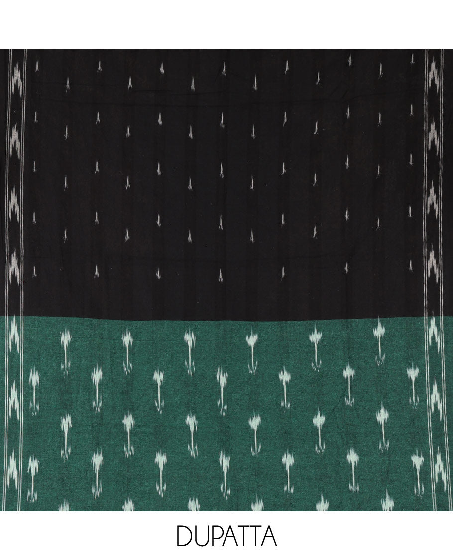 Green material chudidar set, arrow-shaped buttas woven pure cotton pochampally ikkat top, contrast bottom & dual-color ikkat motifs pure cotton dupatta