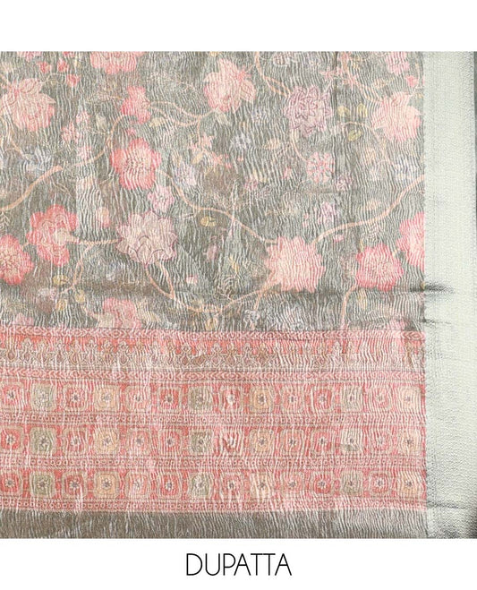 Green material chudidhar set, jacquard & embroidery top, plain bottom & floral print dupatta