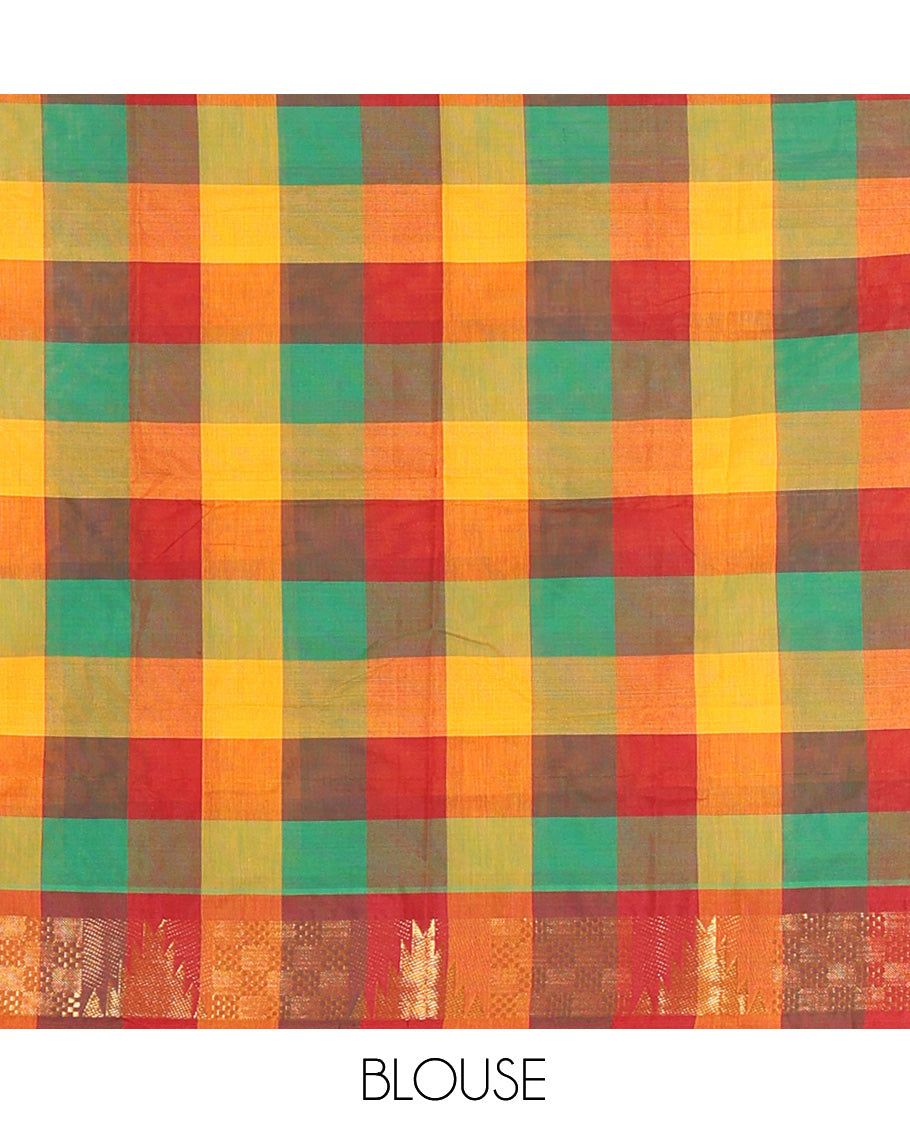 Multi-Color Checked Chettinad Cotton Half-Saree Features a Temple Zari Border, Matching Blouse, Contrast Dhavani