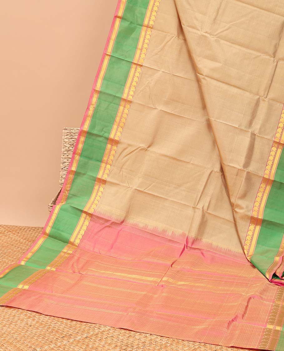 Sandal kancheepuram silk saree with contrast border of manga, banaras, checked, muthu designs & zari design pallu