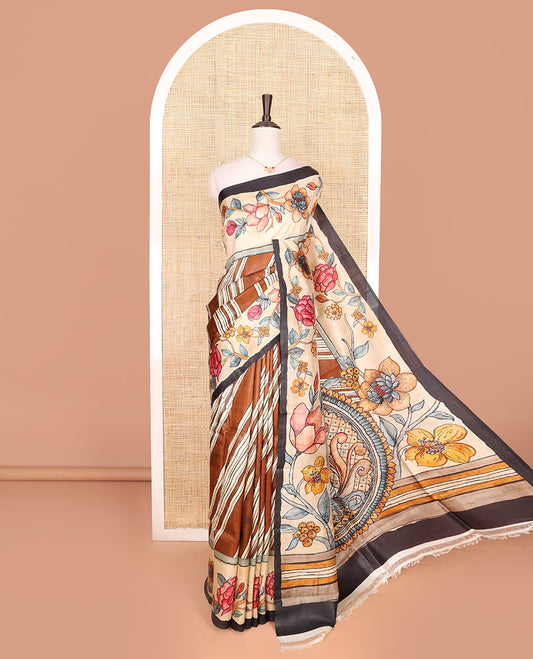 Brown diagonal stripes printed saree, contrast floral creeper printed border, and floral printed pallu