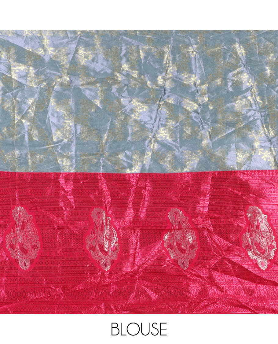 Grey-rani pink half-saree, floral jaal jacquard banarasi skirt, contrast traditional zari stone work border,  matching blouse, and contrast scallop embroidered velvet organza dhavani